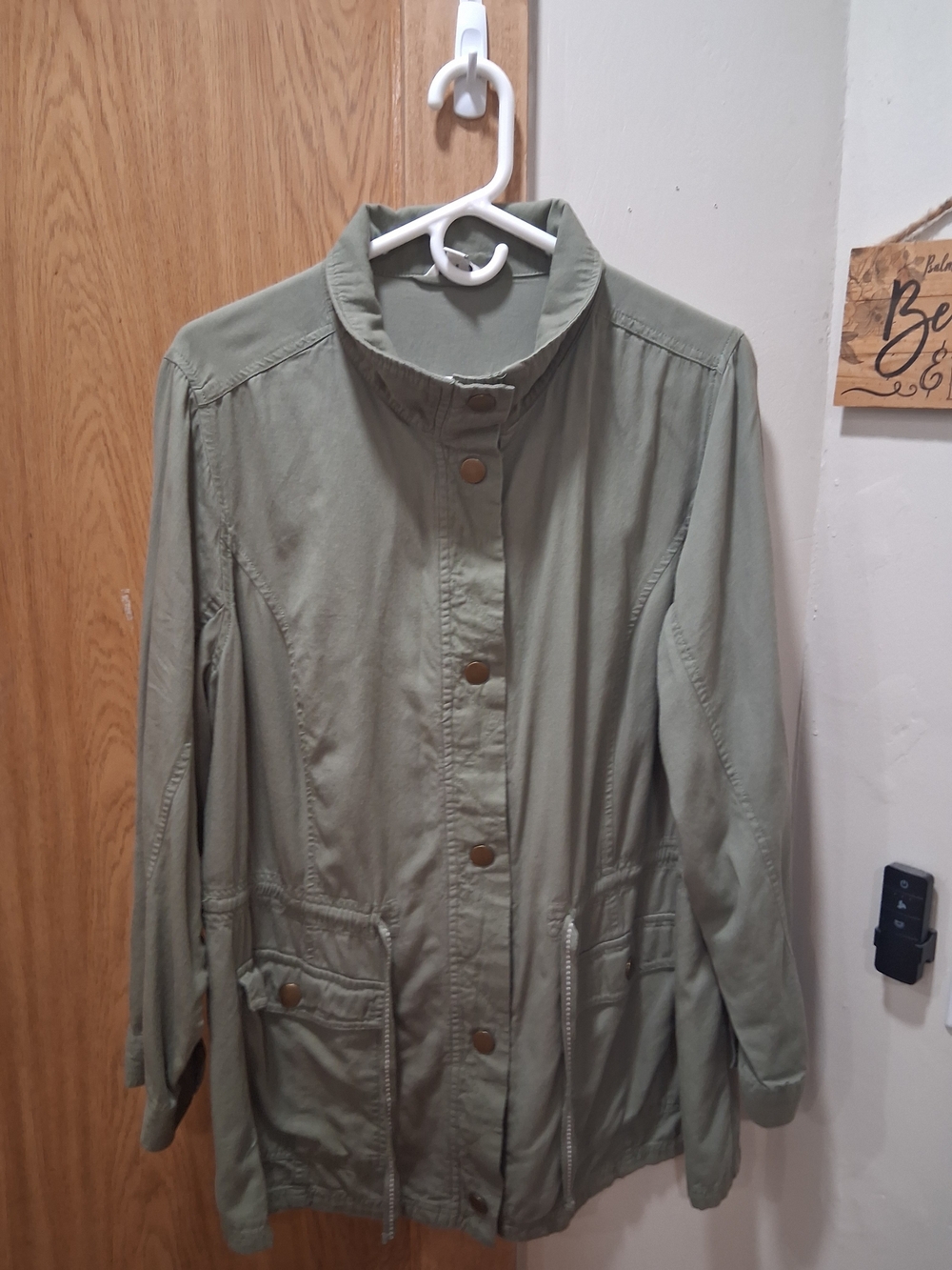 Olive Utility Jacket with Stand Collar and Drawcord Waist